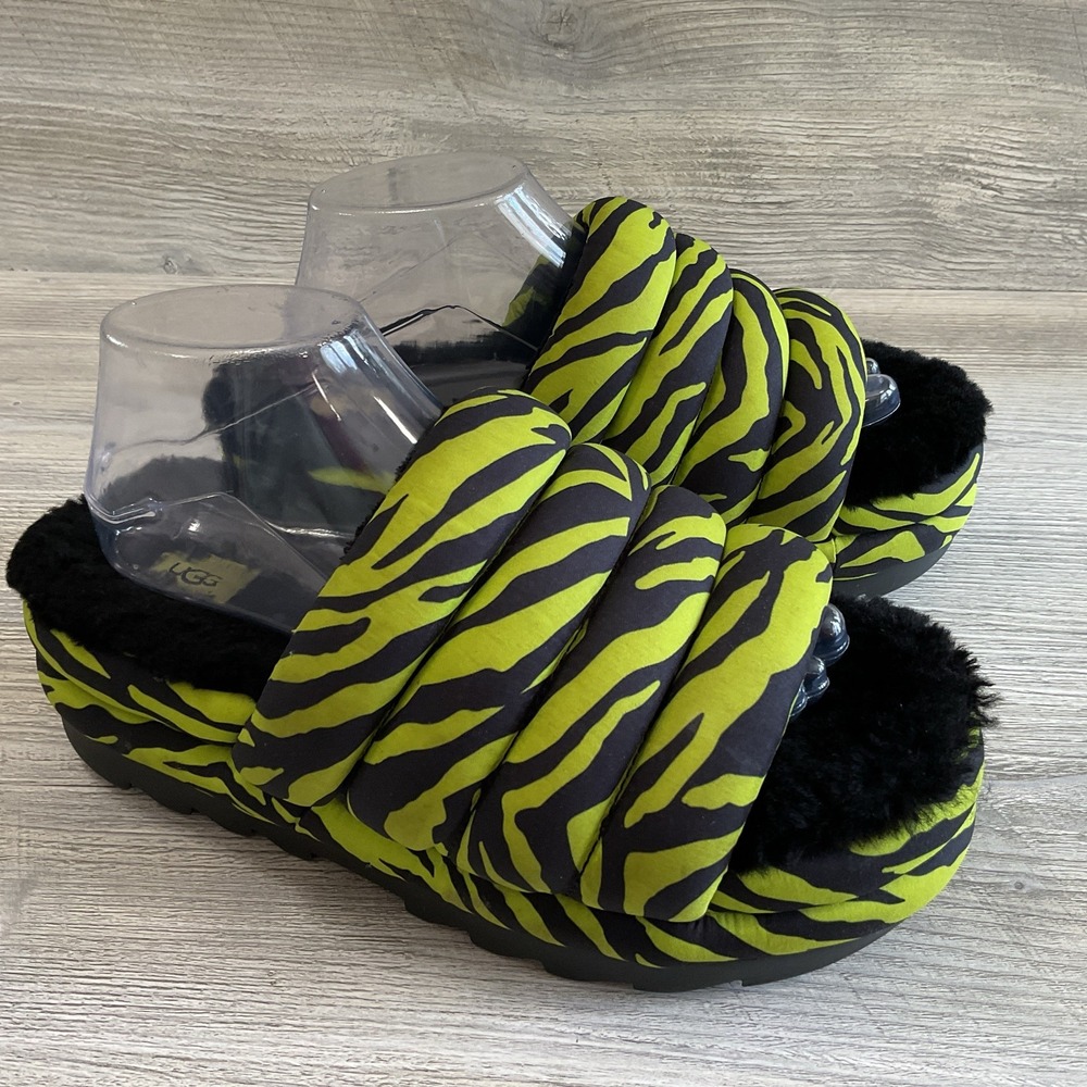 UGG Maxi Puff Fuzzy Slide Green Tiger Print Sandals US Women's Size 9/UK 7/EU 40